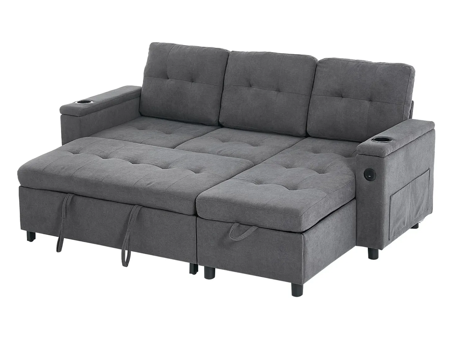 Sofá de canto 3 lugares 208x146x89,5 cm - Dobrável - com iluminação LED - com porta-copos e saco de armazenamento - Cinza