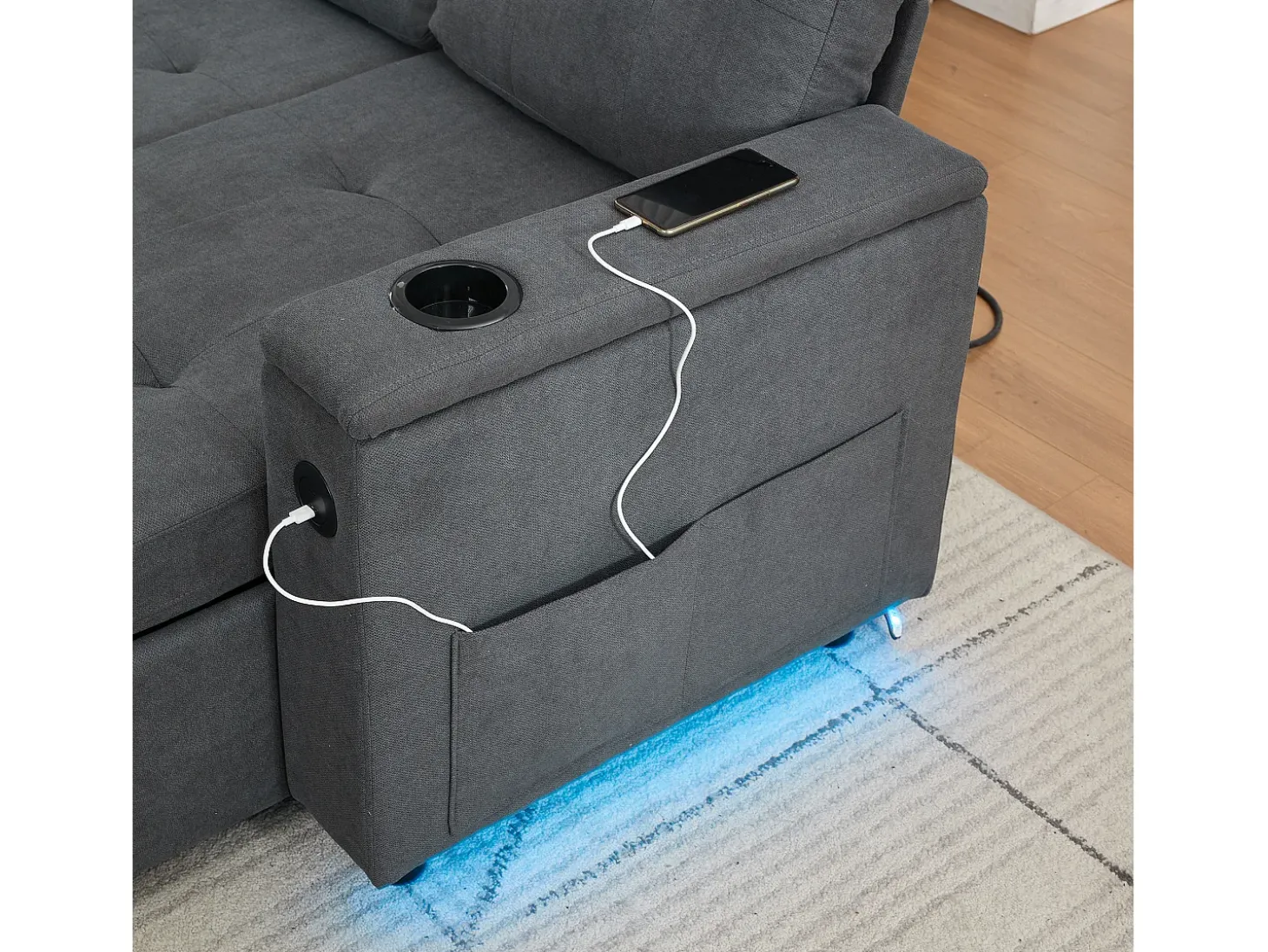Sofá de canto 3 lugares 208x146x89,5 cm - Dobrável - com iluminação LED - com porta-copos e saco de armazenamento - Cinza