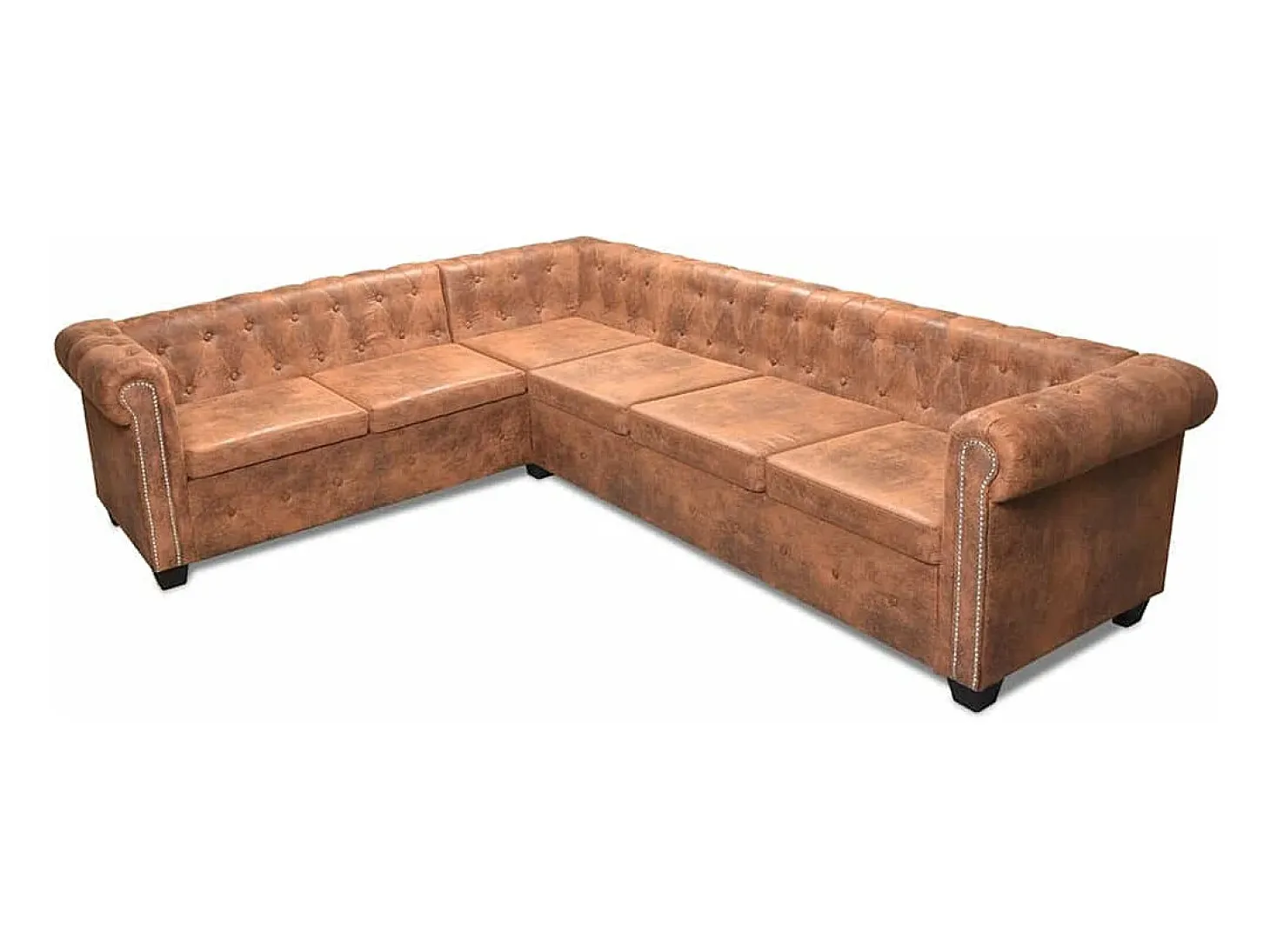 Sofá de canto Chesterfield 6 lugares couro artificial castanho