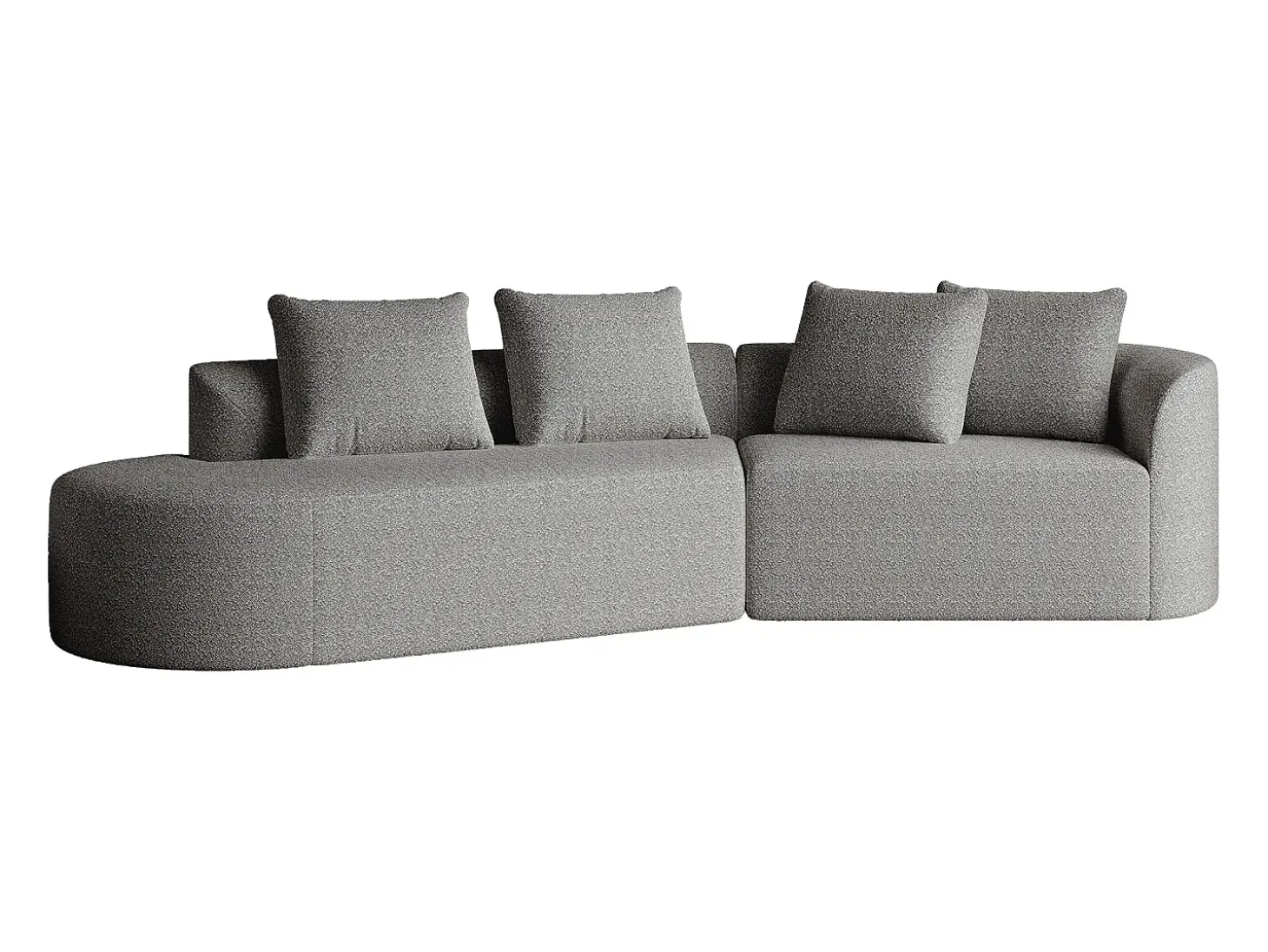 Sofá de canto cinza claro - sofá de 4 lugares com 4 almofadas decorativas e encosto - chenille