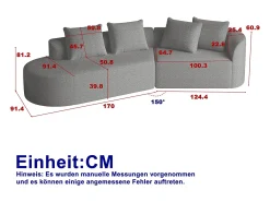 Sofá de canto cinza claro - sofá de 4 lugares com 4 almofadas decorativas e encosto - chenille