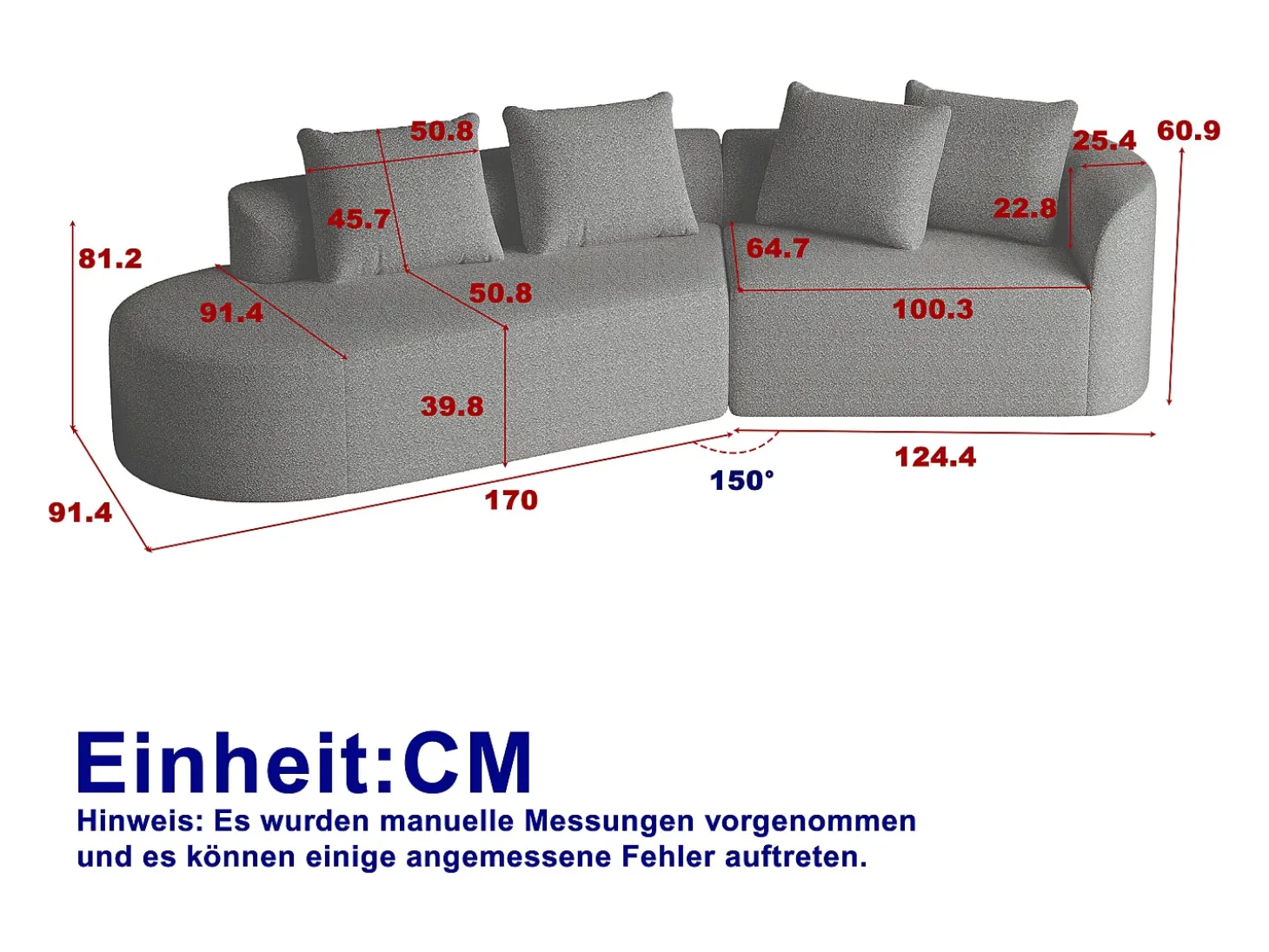 Sofá de canto cinza claro - sofá de 4 lugares com 4 almofadas decorativas e encosto - chenille