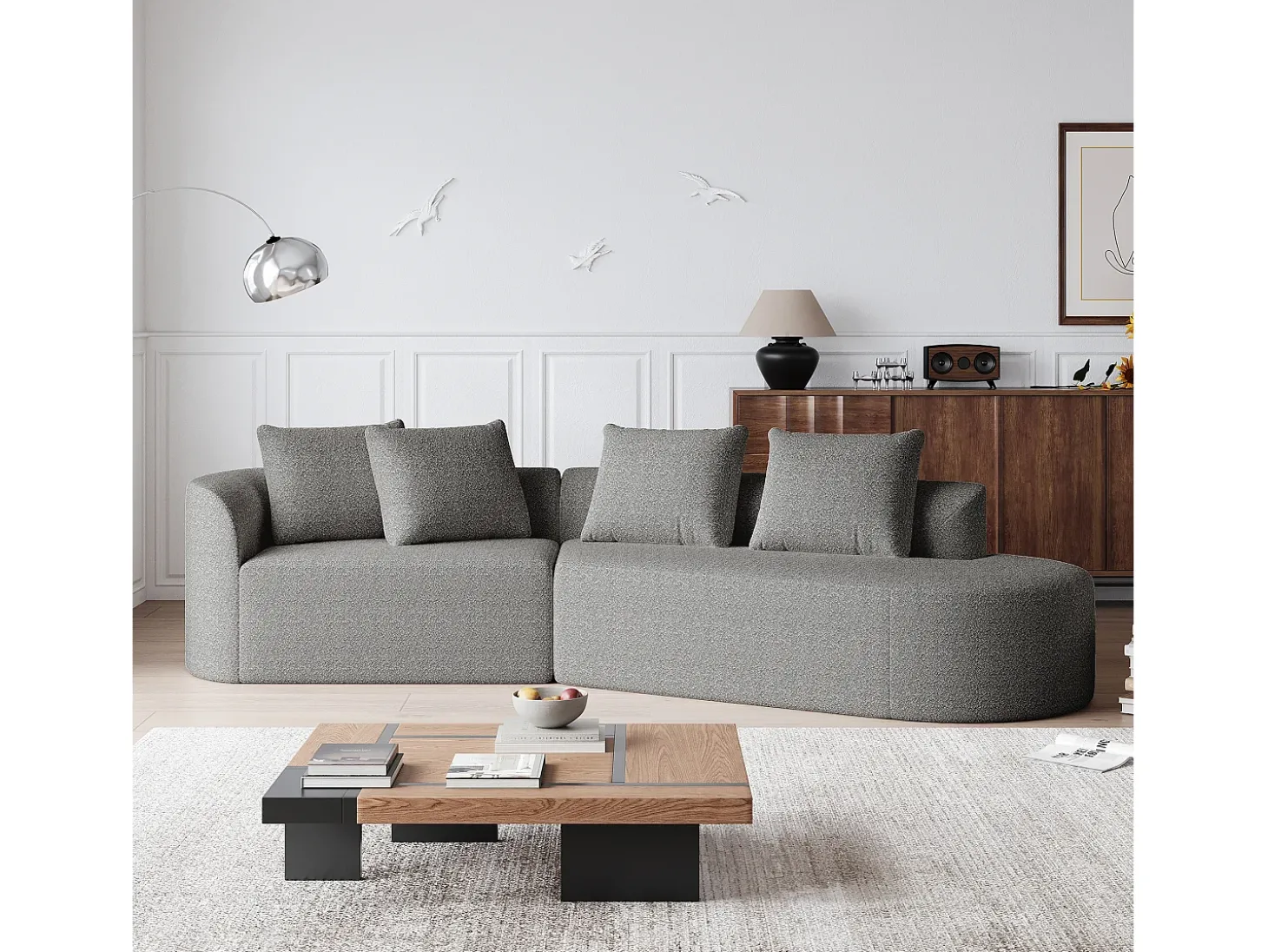 Sofá de canto cinza claro - sofá de 4 lugares com 4 almofadas decorativas e encosto - chenille