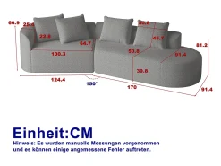 Sofá de canto cinza claro - sofá de 4 lugares com 4 almofadas decorativas e encosto - chenille