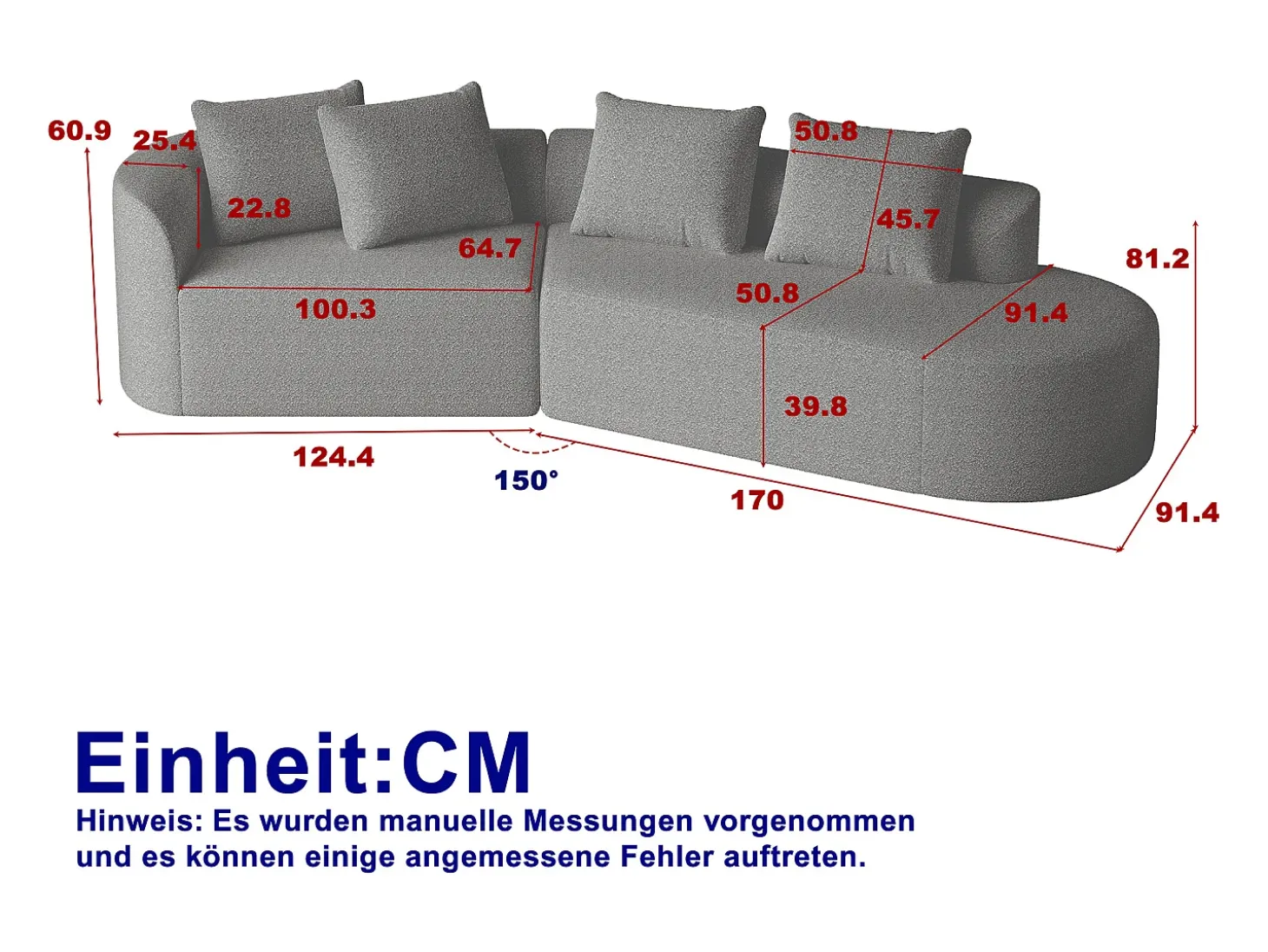 Sofá de canto cinza claro - sofá de 4 lugares com 4 almofadas decorativas e encosto - chenille
