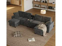Sofá de canto com 2 apoios para os pés com espaço de armazenamento + 2 porta-copos + 1 porta USB e tomadas - 315 x 135 x 81 cm - veludo - cinza