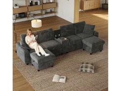 Sofá de canto com 2 apoios para os pés com espaço de armazenamento + 2 porta-copos + 1 porta USB e tomadas - 315 x 135 x 81 cm - veludo - cinza