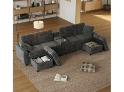 Sofá de canto com 2 apoios para os pés com espaço de armazenamento + 2 porta-copos + 1 porta USB e tomadas - 315 x 135 x 81 cm - veludo - cinza