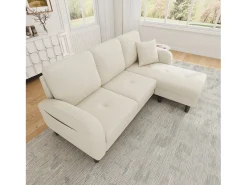 Sofá de canto com chaise longue - 3 lugares - tecido de algodão e linho - Bege claro