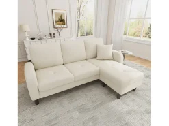 Sofá de canto com chaise longue - 3 lugares - tecido de algodão e linho - Bege claro