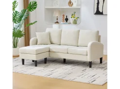 Sofá de canto com chaise longue - 3 lugares - tecido de algodão e linho - Bege claro