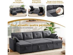 Sofá de canto conversível com 2 baús, almofada e porta-copos - Algodão e linho - 270×130×86 cm - Cinza