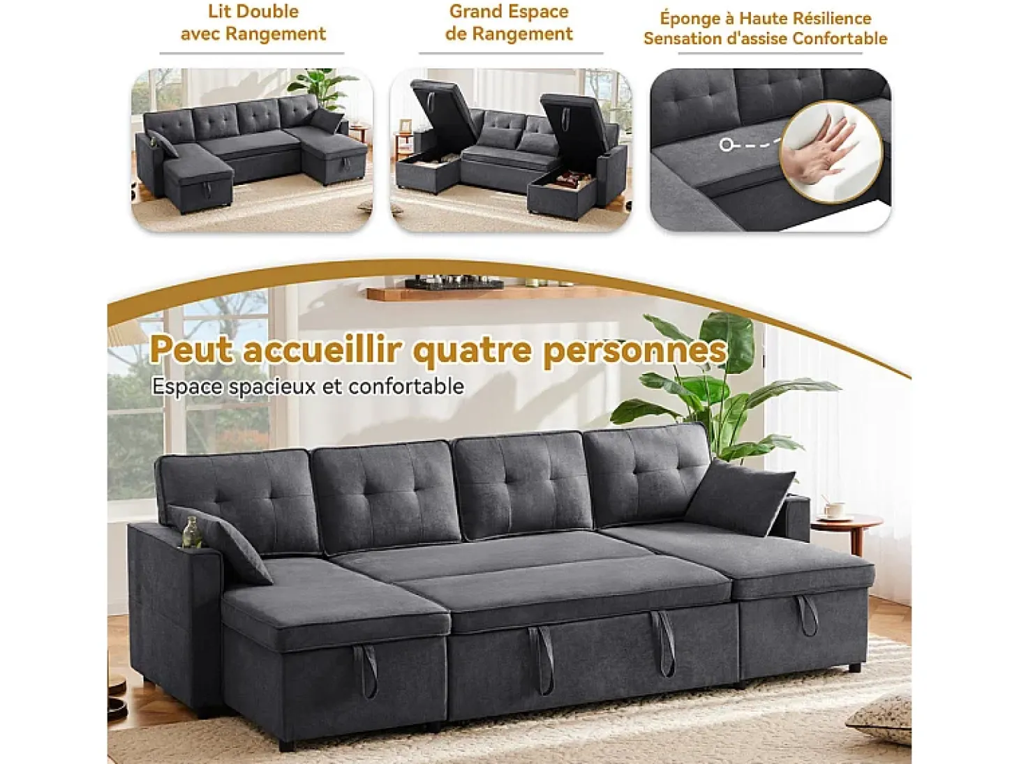 Sofá de canto conversível com 2 baús, almofada e porta-copos - Algodão e linho - 270×130×86 cm - Cinza