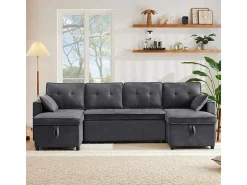 Sofá de canto conversível com 2 baús, almofada e porta-copos - Algodão e linho - 270×130×86 cm - Cinza