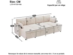 Sofá de canto conversível com 2 baús, almofada e porta-copos - Algodão e linho - 270×130×86 cm - Bege