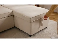 Sofá de canto conversível com 2 baús, almofada e porta-copos - Algodão e linho - 270×130×86 cm - Bege