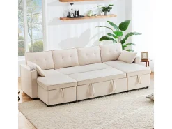 Sofá de canto conversível com 2 baús, almofada e porta-copos - Algodão e linho - 270×130×86 cm - Bege