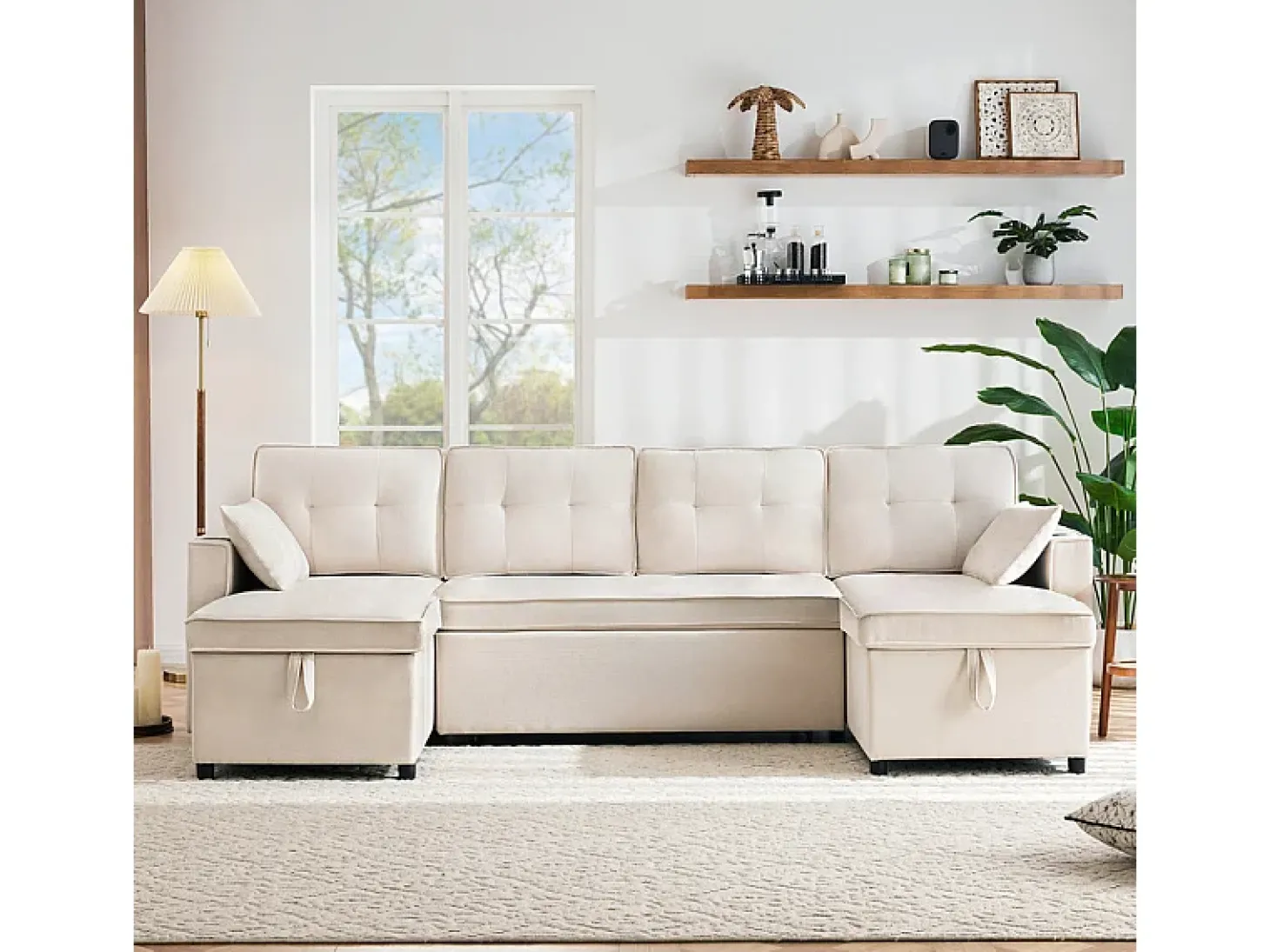 Sofá de canto conversível com 2 baús, almofada e porta-copos - Algodão e linho - 270×130×86 cm - Bege