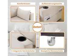 Sofá de canto conversível de 3 lugares com arrumação e porta-copos - Função dormir - Algodão e linho - Bege
