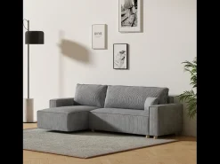 Sofá de canto conversível em veludo cotelê cinza claro COSY
