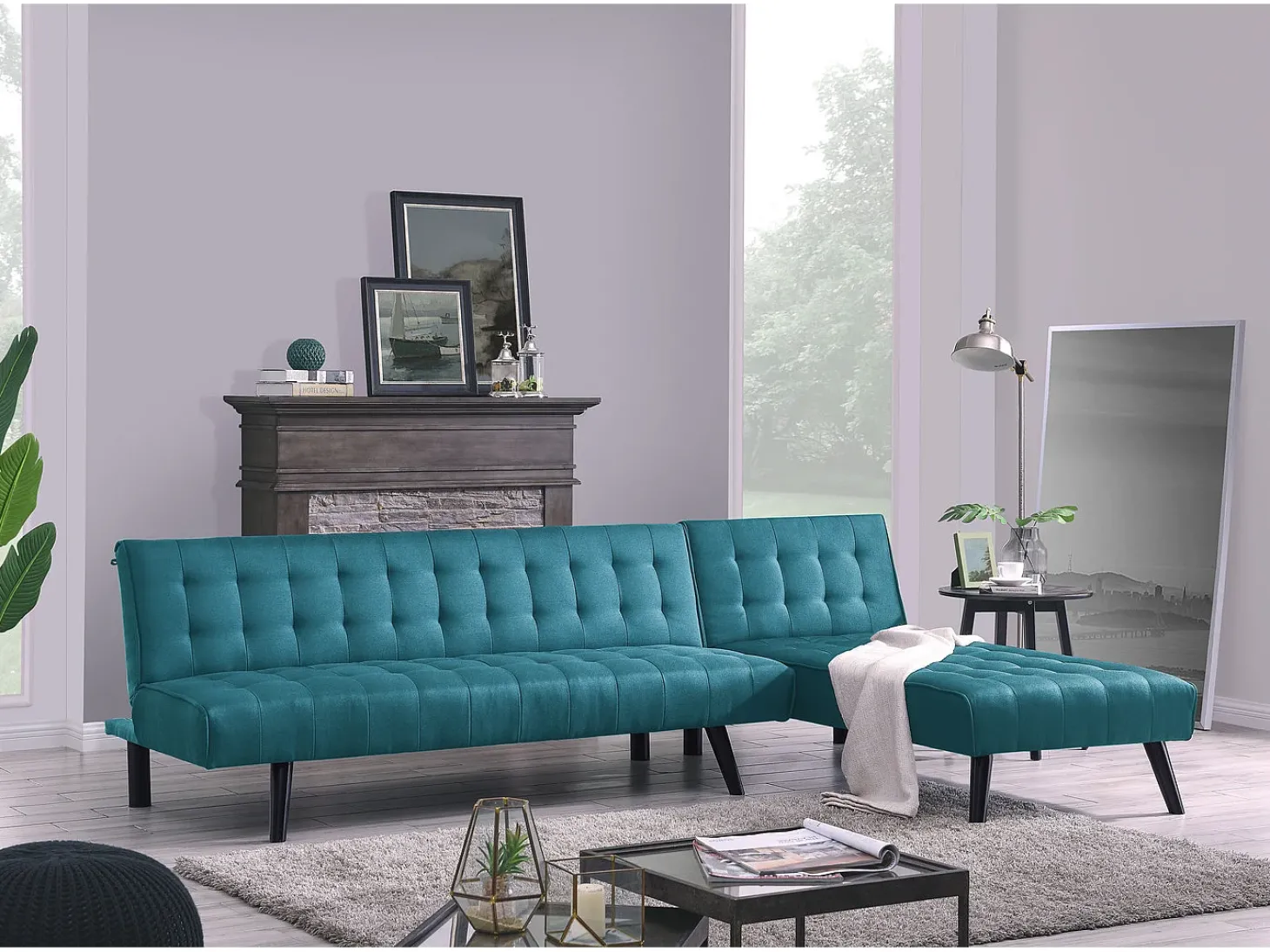 Sofá de canto conversível TIM de 4 lugares em tecido azul-pato - Elegante e moderno, ideal para família e convidados