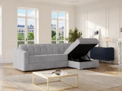 Sofá de canto convertível abertura rápida reversível tecido cinzento claro ripas - 140 cm - 22 cm DARIELO