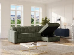 Sofá de canto convertível abertura rápida tecido verde caqui ripas largas - 140 cm - 22 cm DARIELO
