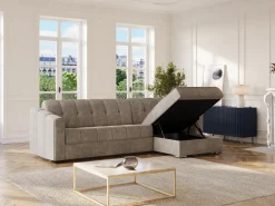 Sofá de canto convertível abertura rápida tecido taupe ripas largas - 140 cm - 14 cm DARIELO