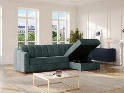 Sofá de canto convertível abertura rápida tecido azul pato ripas largas 160 cm - 14 cm DARIELO