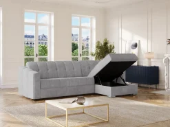 Sofá de canto convertível reversível abertura rápida tecido cinzento claro - 140 cm - 18 cm DARIELO
