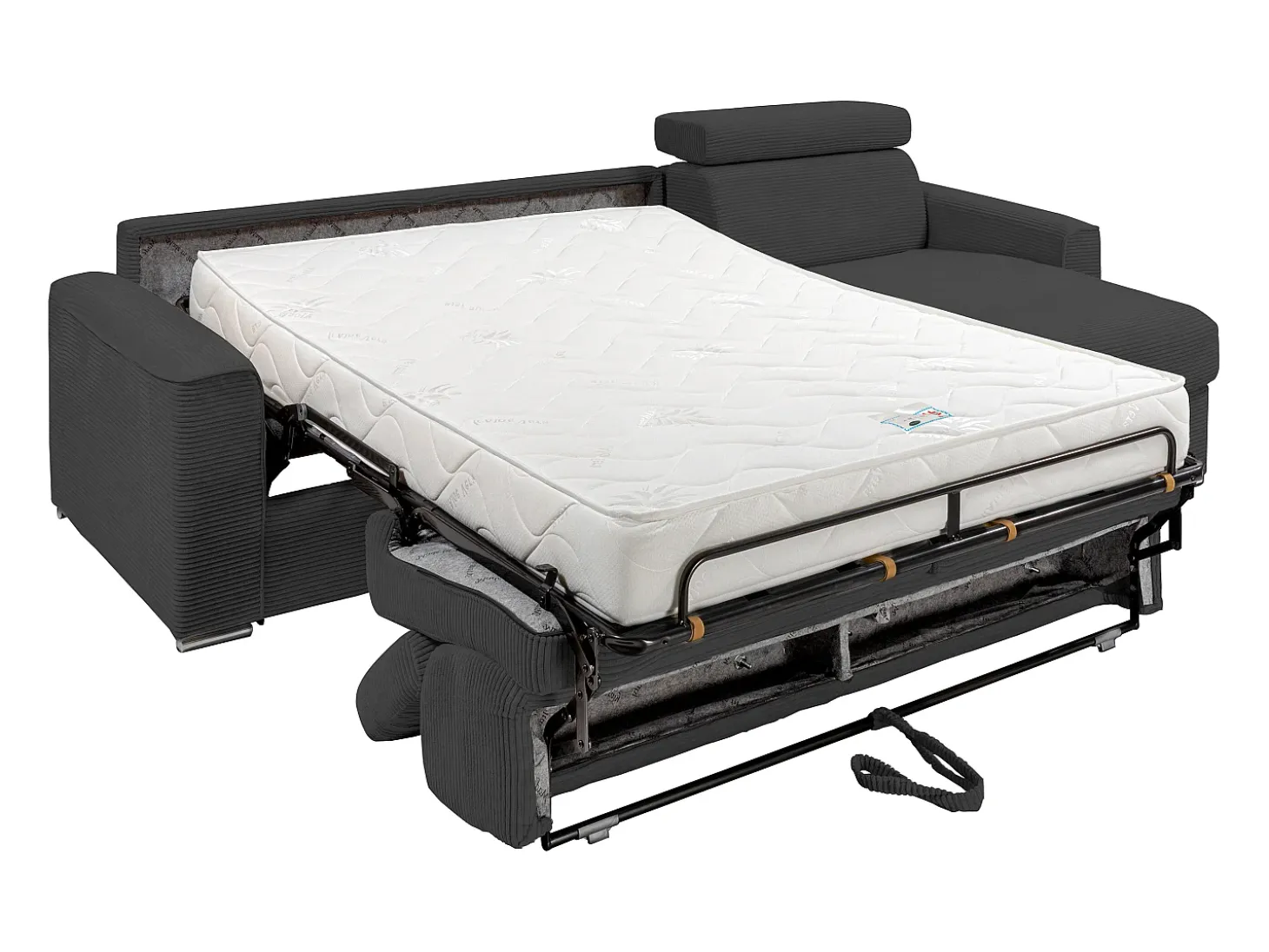 Sofá de canto convertível veludo canelado antracite, cama 140 cm, colchão 18 cm VIZIR