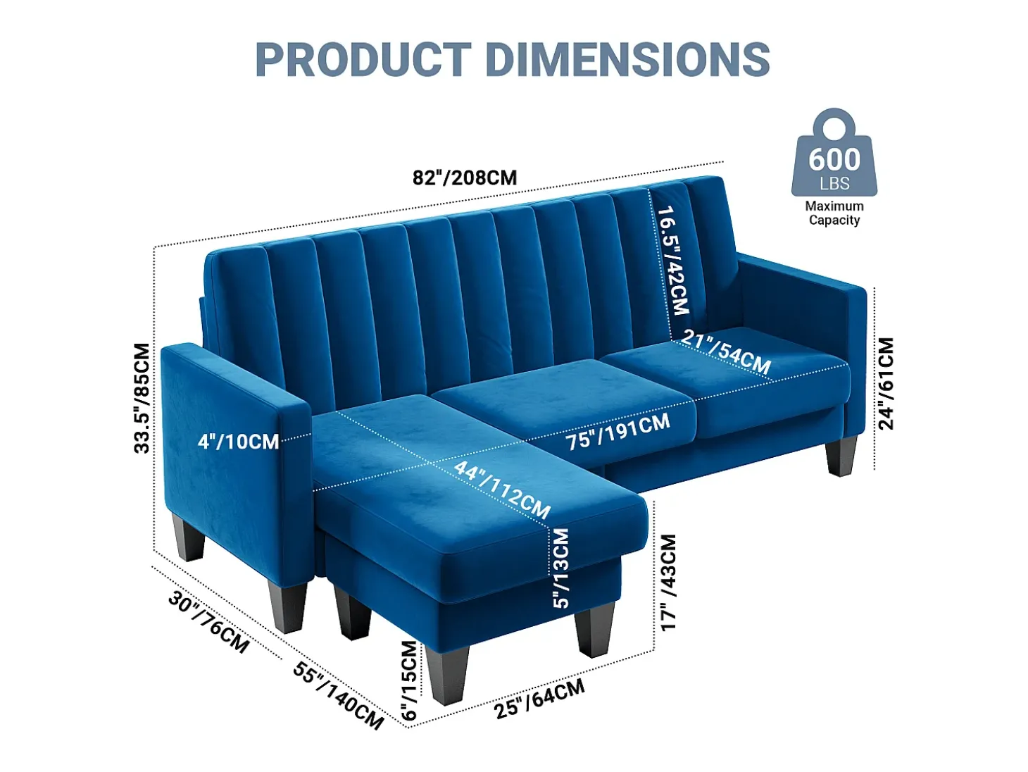 Sofá de canto de 3/4 de lugar reversível em tecido azul - meridiano ou pouf - listras verticais - 208x76x85cm
