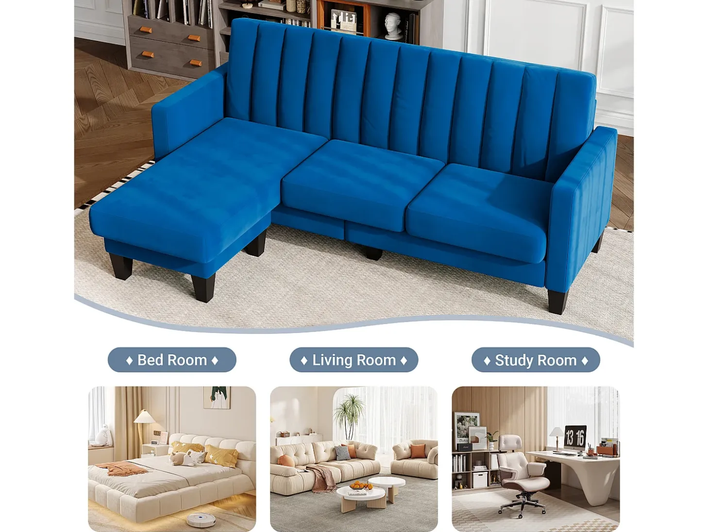 Sofá de canto de 3/4 de lugar reversível em tecido azul - meridiano ou pouf - listras verticais - 208x76x85cm