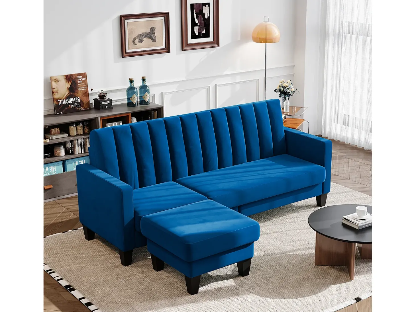 Sofá de canto de 3/4 de lugar reversível em tecido azul - meridiano ou pouf - listras verticais - 208x76x85cm