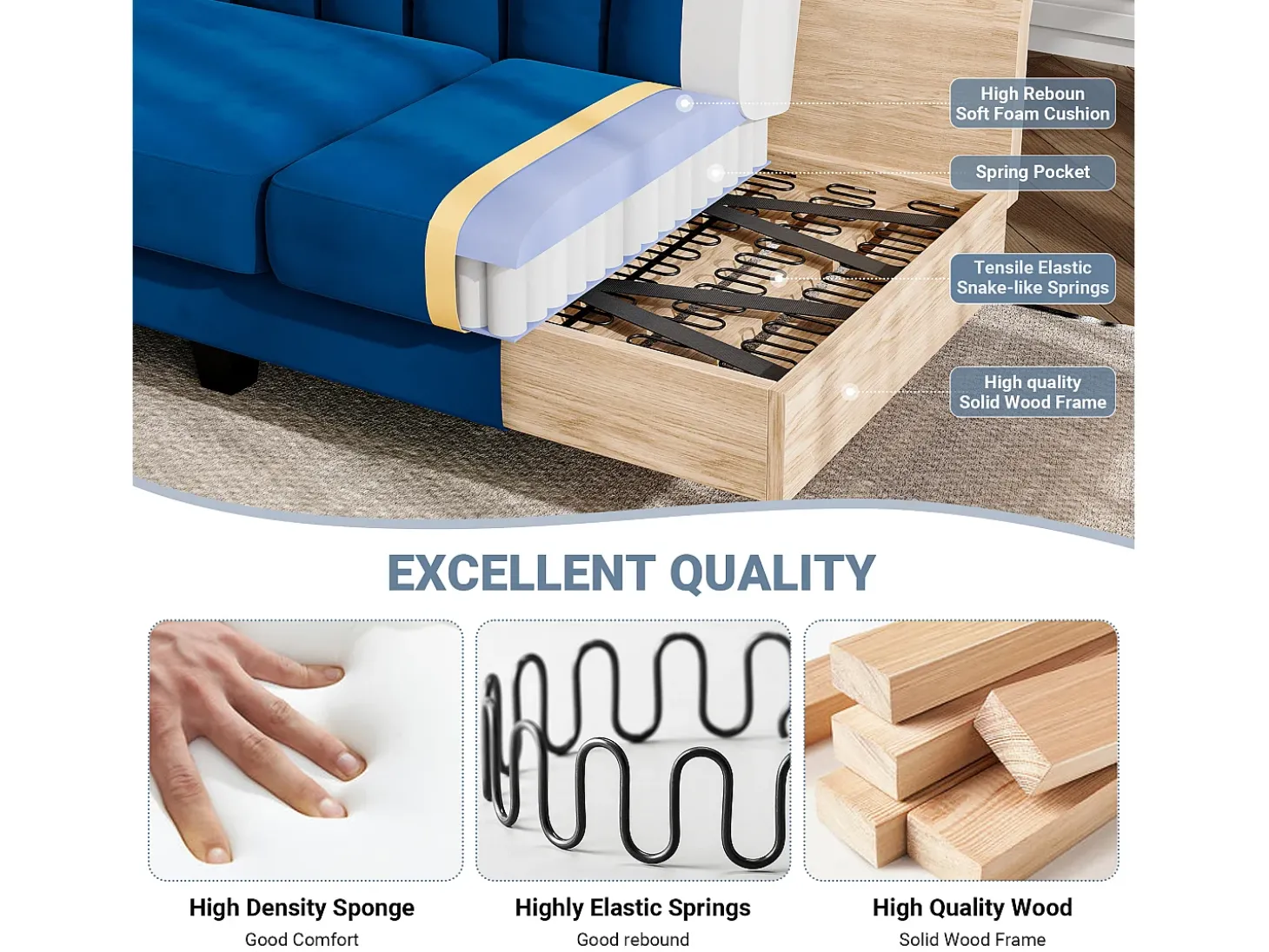 Sofá de canto de 3/4 de lugar reversível em tecido azul - meridiano ou pouf - listras verticais - 208x76x85cm