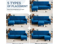 Sofá de canto de 3/4 de lugar reversível em tecido azul - meridiano ou pouf - listras verticais - 208x76x85cm