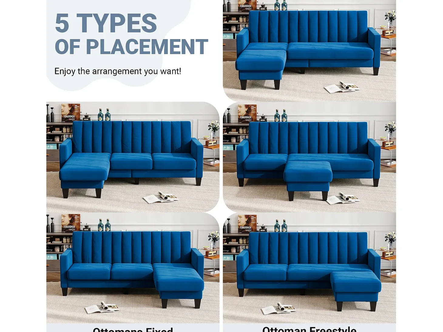 Sofá de canto de 3/4 de lugar reversível em tecido azul - meridiano ou pouf - listras verticais - 208x76x85cm