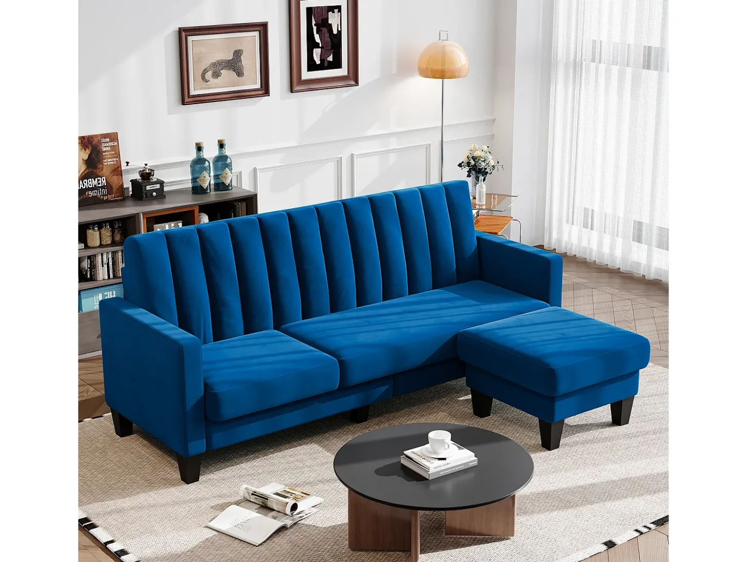 Sofá de canto de 3/4 de lugar reversível em tecido azul - meridiano ou pouf - listras verticais - 208x76x85cm