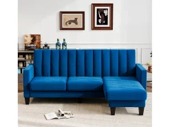 Sofá de canto de 3/4 de lugar reversível em tecido azul - meridiano ou pouf - listras verticais - 208x76x85cm