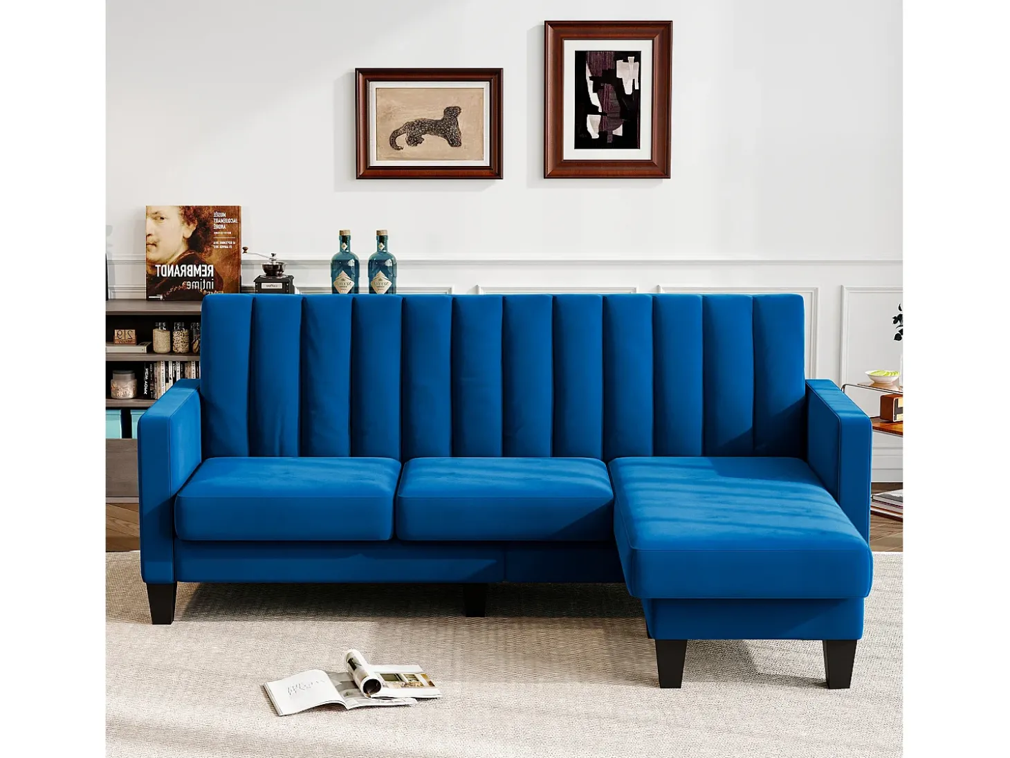 Sofá de canto de 3/4 de lugar reversível em tecido azul - meridiano ou pouf - listras verticais - 208x76x85cm