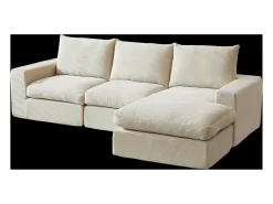 Sofá de canto de 3 lugares com chaise longue e 3 almofadas - Veludo cotelê bege