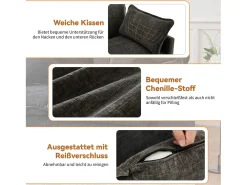 Sofá de canto de 3 lugares com pufe - 283 x 147 x 84 - Tecido chenille - Cinza escuro