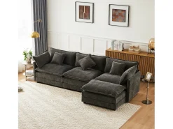 Sofá de canto de 3 lugares com pufe - 283 x 147 x 84 - Tecido chenille - Cinza escuro