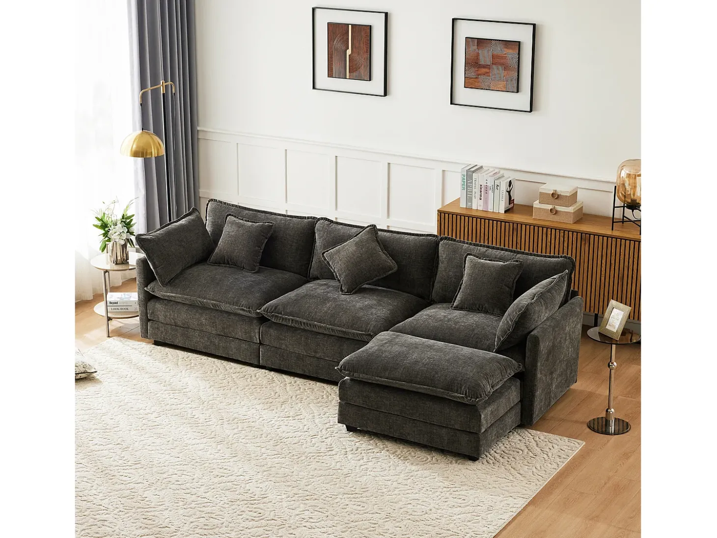 Sofá de canto de 3 lugares com pufe - 283 x 147 x 84 - Tecido chenille - Cinza escuro