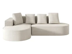 Sofá de canto de 3 lugares com 4 almofadas - Chaise longue em forma de L - Veludo branco cotelê - Não necessita de montagem