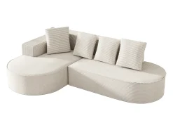 Sofá de canto de 3 lugares com 4 almofadas - Chaise longue em forma de L - Veludo branco cotelê - Não necessita de montagem