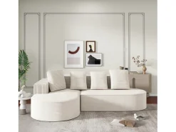 Sofá de canto de 3 lugares com 4 almofadas - Chaise longue em forma de L - Veludo branco cotelê - Não necessita de montagem