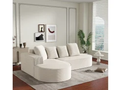 Sofá de canto de 3 lugares com 4 almofadas - Chaise longue em forma de L - Veludo branco cotelê - Não necessita de montagem