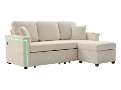 Sofá de canto de 3 lugares em bombazine bege - Com LEDs, portas USB/Tipo-C e 2 gavetas