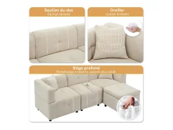 Sofá de canto de 3 lugares - 204 x 126 x 69 cm - com armazenamento + apoio para os pés removível + 2 almofadas - Chenille - branco